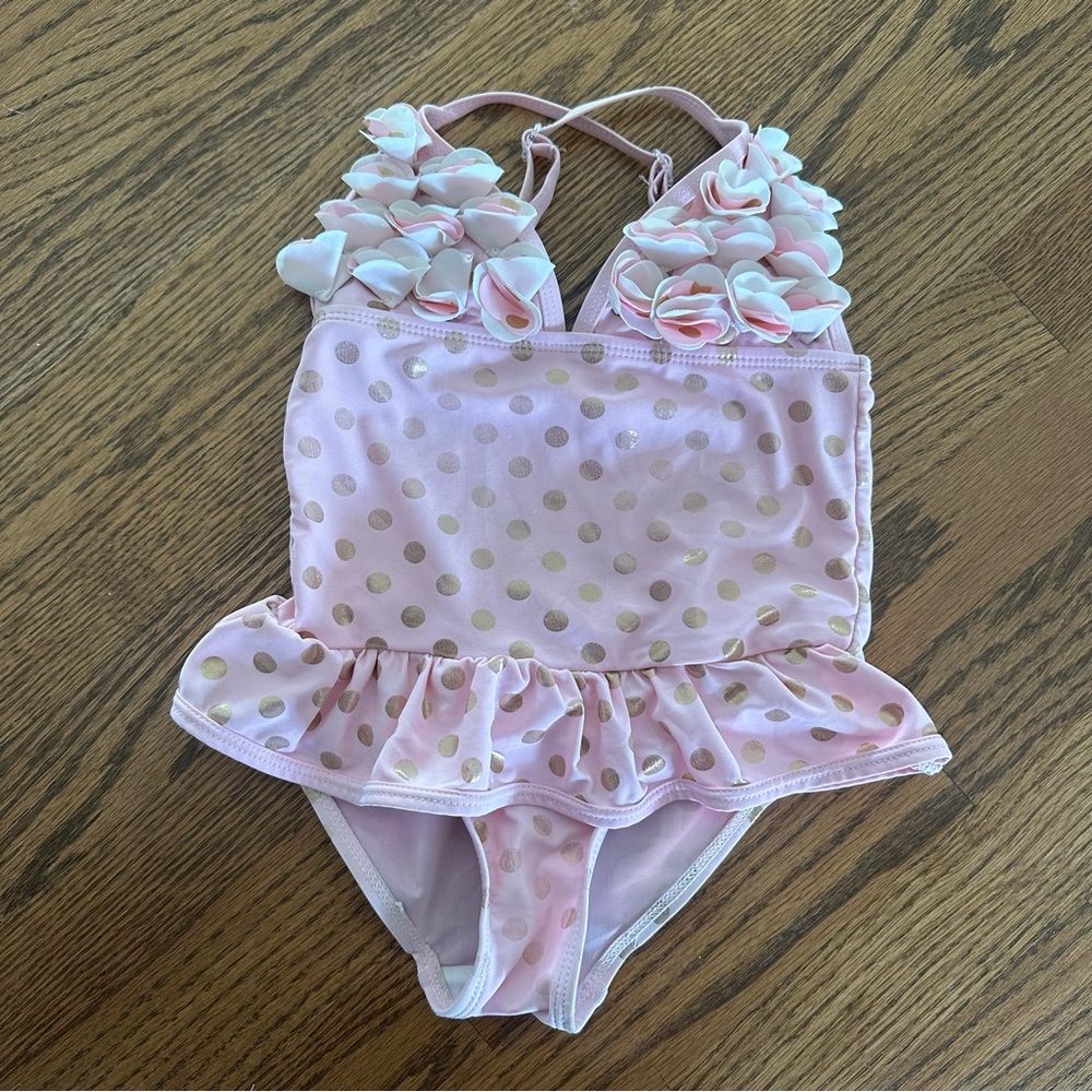 Size 5 Girls Floatimini Pink and Gold Polka Dot Swimsuit